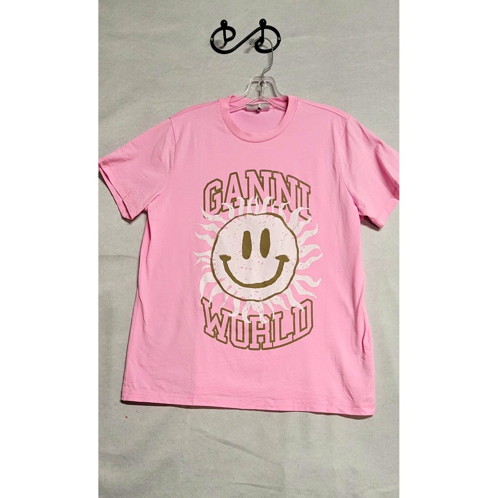 GANNI Pink Smiley Logo Graphic Jersey SS Crew Neck T-Shirt Regular Fit Size S